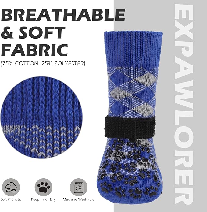 EXPAWLORER Dog Socks for Cold Winter Snow to Prevent Licking Paws, Anti Slip Doggie Booties Grippy Shoes for Hardwood Floors, Boots & Paw Protectors for Small Medium Large Senior Dogs Blue L