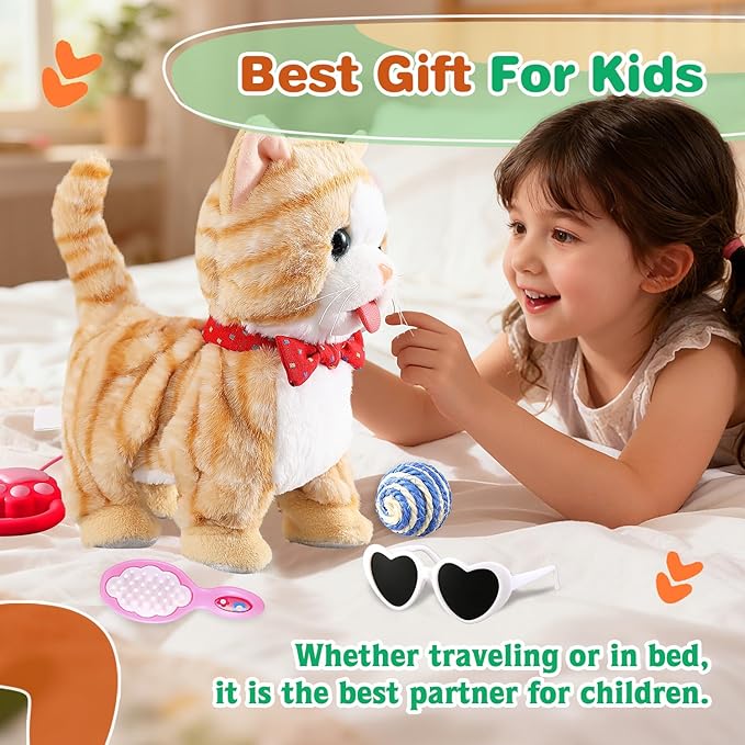 Yellow Walking Cat for Girls Set Toy Talking Singing Animated Robot Kitty Interactive Plush for Cat for Kids Kitten Robotic Plush That Meow and Purrs Electric Robot for Toddlers Baby