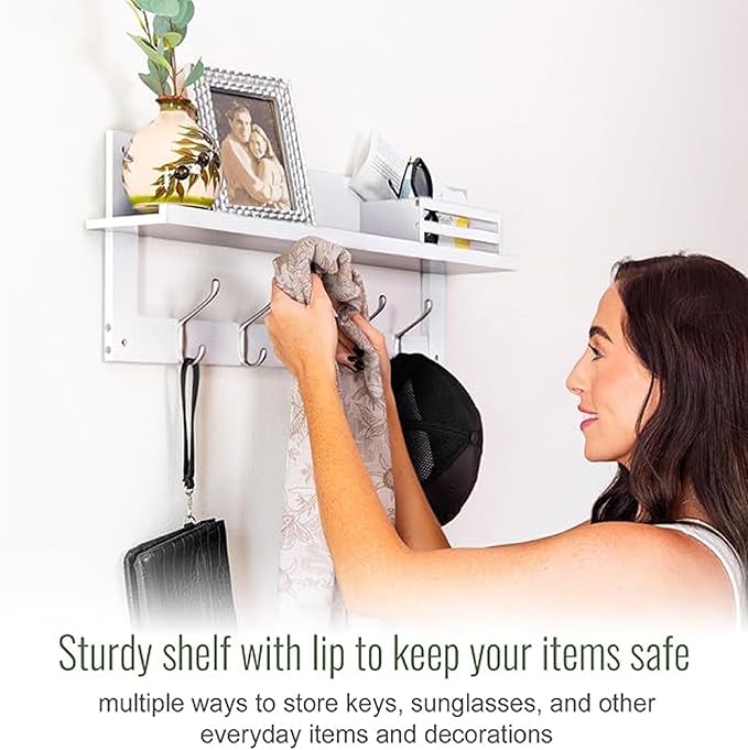 Wall Hooks with Shelf, 29.25 inch Coat Rack Wall Mount with Mail Organizer Box, Wooden Hat Rack with 5 Hooks, Coat Hanger and Key Holder for Wall, Classic White
