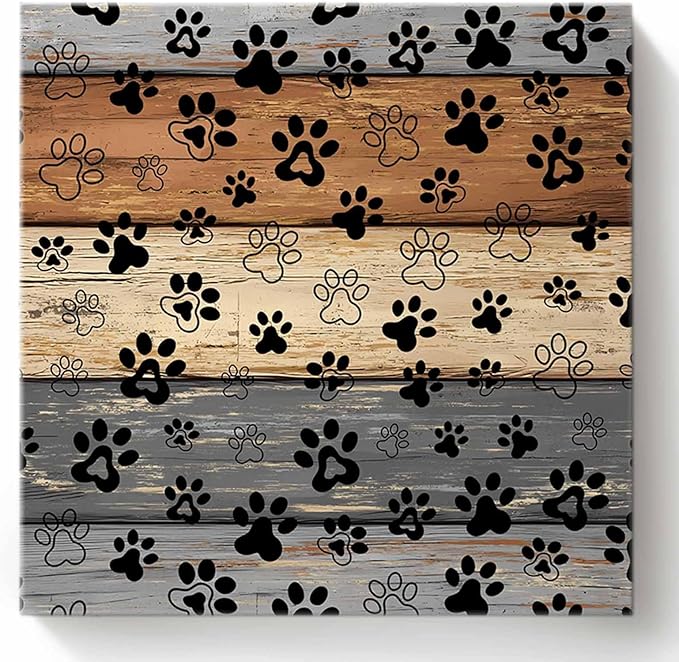 Framed Canvas Wall Art for Living Room Dog Paw Print Wall Decor, Retro Brown G热u Wood Grain Aesthetic Paintings for Bedroom Office Kitchen Bathroom, Ready to Hang Artwork Wall Pictures 24x24 Inch