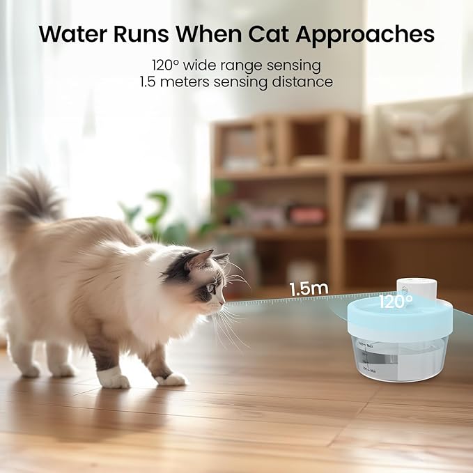 MASBRILL Cat Water Fountain, Battery Operated Water Fountains for Cats Indoor - 1L Wireless & Automatic Cat Water Dispenser - Pet Drinking Fountain with Filter/Motion Sensor/Silent Pump
