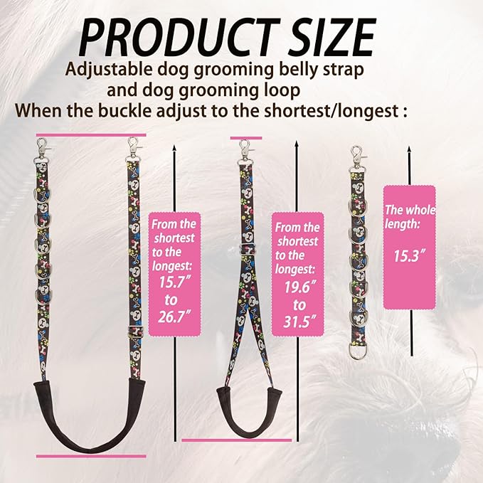 Dog Grooming Belly Straps – Adjustable Grooming Loops with Cute Paw & Bone Pattern Pet Grooming Belly Support Band Table Accessories for Small Medium Large Dogs(Pink)