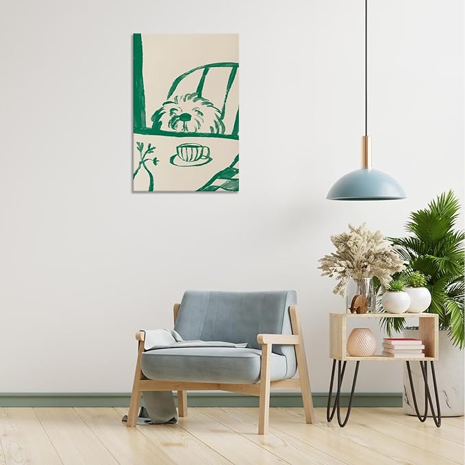 Funny Sneaky Dog Poster Abstract Coffee Breakfast Canvas Wall Art Modern Minimalist Animal Sketch Artwork Prints Painting For Living Room Kitchen Dining Room Wall Decor 24x36in Wrapped Canvas