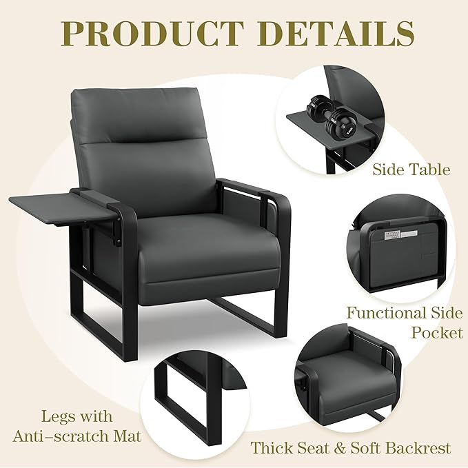 Faux Leather Accent Chairs Set of 2 with Side Table Modern Upholstered Armchair Leisure Chairs for Living Room Bedroom Office Club Dark Grey
