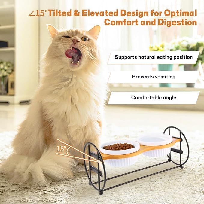 Elevated Adjustable Cat Bowl Set with 2 Dishes for Cats & Small Dogs - Anti-Vomiting,15° Tilted and Rasied Bowls with Non-Slip Design, Food-Grade Ceramic, Easy to Clean