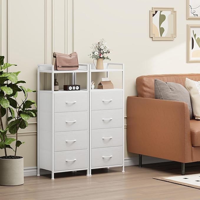 Somdot White Nightstand with 4 Drawers, Vertical Storage Tower Fabric Dresser for Bedroom, Nightstand Bedside Table Furniture, Sturdy Steel Frame, Wooden Top & Easy Pull Fabric Bins