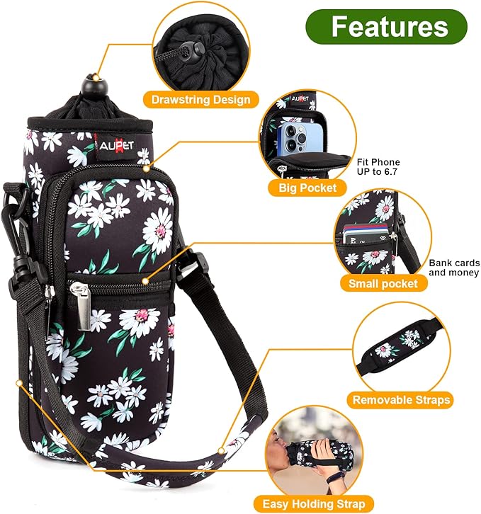 AUPET Water Bottle Sling Bag Sleeve Holder Carrier 25/32/40/64 oz,Insulated Crossbody Water Bottle Case Cover with Strap and Pockets for Men/Women Walking Hiking
