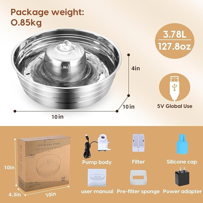 Ofat Home Dog Water Fountain, 128oz/1Gal/3.78L Stainless Steel Pet Water Fountain, Large Dog Water Fountain, Easy to Assemble and Clean with Ultra-Quiet Pump for Cat, Dogs, Multiple Pets