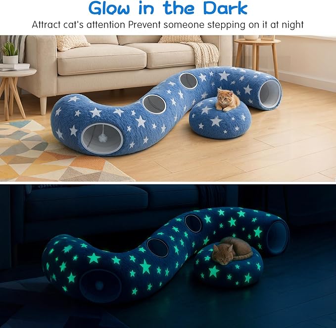 Cycodo Indoor Cat Tunnel Bed,Shape-Shifting Pet Cave with Circle Cushion,Luminescent Donut Tunnel Toy for Kitten/Puppy/Rabbit (Starry Blue)