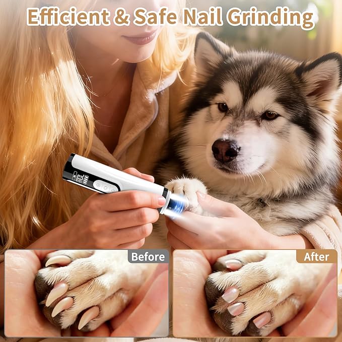 Upgraded 2026 3-Speed Dog Nail Grinder,Ultra-Quiet Rechargeable USB Trimmer with LED Lights & Battery Display –Painless Grooming for Dogs &Cats with Thick Nails &Sensitive Paws for Small to Large Pets