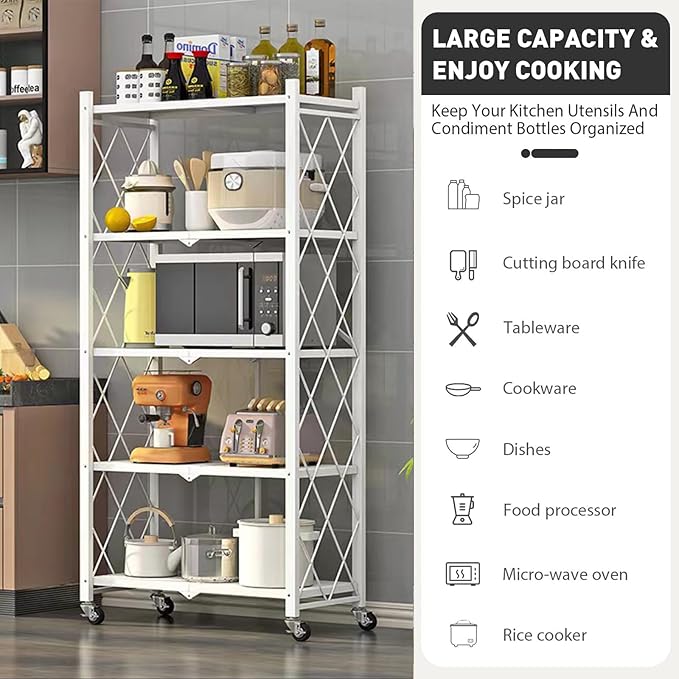 Folding Shelf Foldable Shelves with Wheels - Folding Shelves No Assembly, Collapsible Shelf Unit Display, Kitchen Organizers and Storage, Pop Up Heavy Duty Rack , 5-Tier White 28"D x 14"W x 63"H