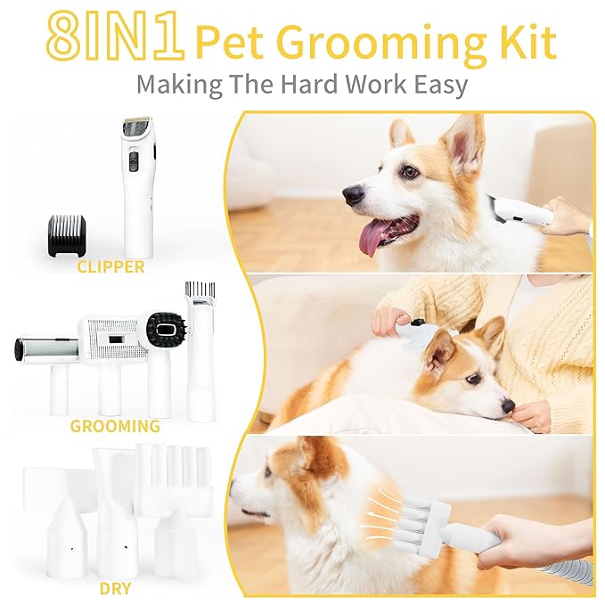 Lanchez Dog Grooming Vacuum & Dryer, 8 in 1 Pet Grooming Vacuum for Dogs with 3L Dust Bin, Low Noise 12Kpa Suction Dog Vacuum for Shedding Grooming with 3 Modes for Shedding Pet Hair, Home Cleaning