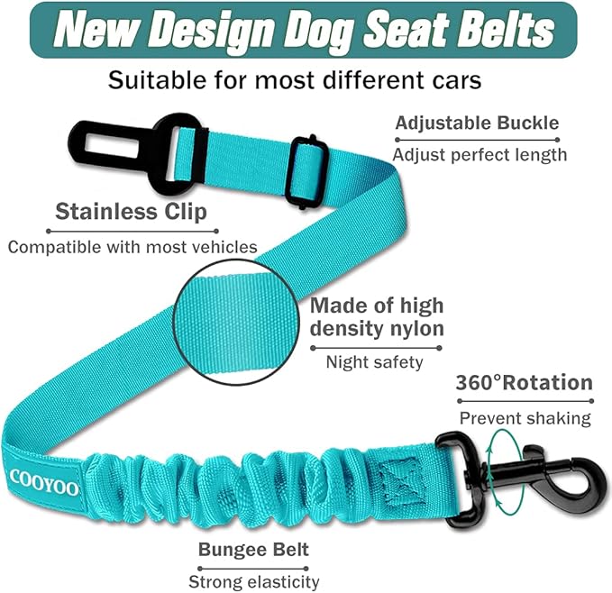Dog Car Seat Belt – Adjustable Safety Harness with Elastic Bungee Buffer for Secure Travel – Teal