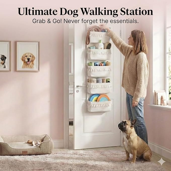 Over The Door Organizer, 5-Tier Sturdy Canvas Hanging Storage for Pet Supplies & Dog Walking Gear, Heavy Duty Large Pockets for Leashes, Treats, Toys, Multi-Use for Nursery & Closet (Beige)