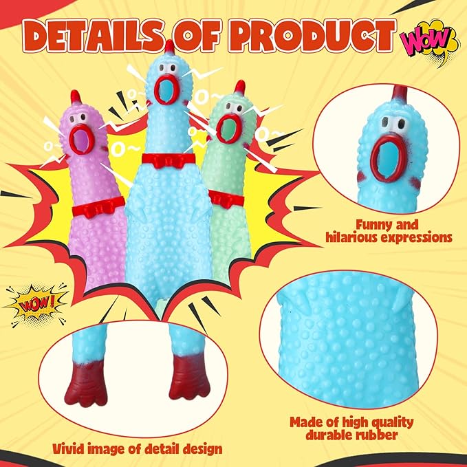 Honoson 50 Pcs Rubber Chickens Squeak Screaming Chicken Novelty Bulk Dog Toys for Pets Dogs Adults, 6.3 Inch(Light Color)