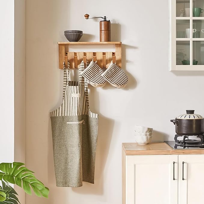 YMYNY Coat Rack Wall Mount with Shelf, 2 Pack Wall Shelf with Retractable Hooks, Wooden Wall Coat Rack for Entryway, Bedroom for Hanging Clothes/Coats/Keys/Hats/Towels/Bags, Natural, HWS008N-2