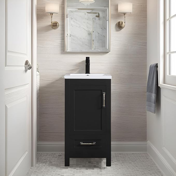 eclife 18" Bathroom Vanities with Sink Combo, Modern Thickened Wood Bathroom Storage Cabinet w/Undermount Sink, Matte Black Faucet Drain, Painted Surface, Black