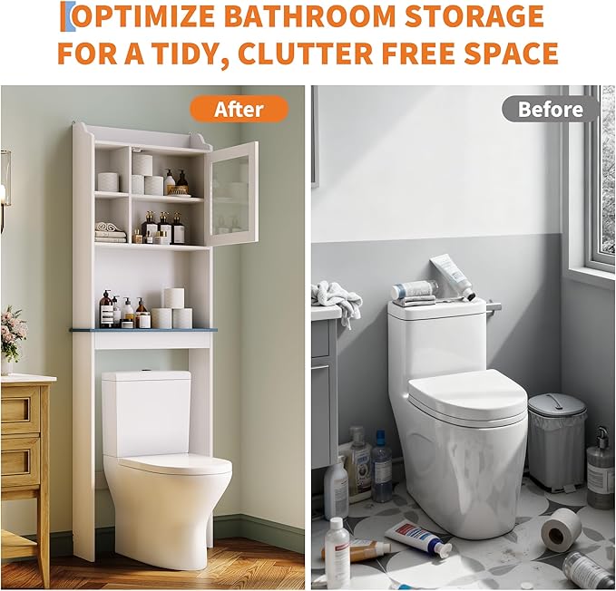 GarveeHome Over The Toilet Storage Cabinet with Adjustable Shelves and Glass Door,Tall Bathroom Organizer Space Saver Over Toilet,Wood Rack for Bathroom, Restroom, Laundry