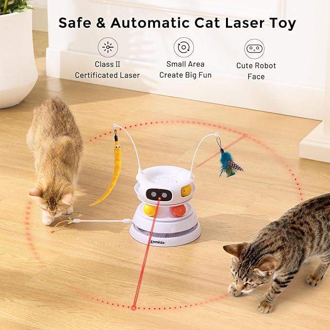 Interactive Cat Toys for Indoor Cats, 5 in 1 Hide and Seek Cat Toys with Motion Activated and Automatic Laser, Fluttering Feather & Dual Track Balls with Chirping for All Breeds, Rechargeable