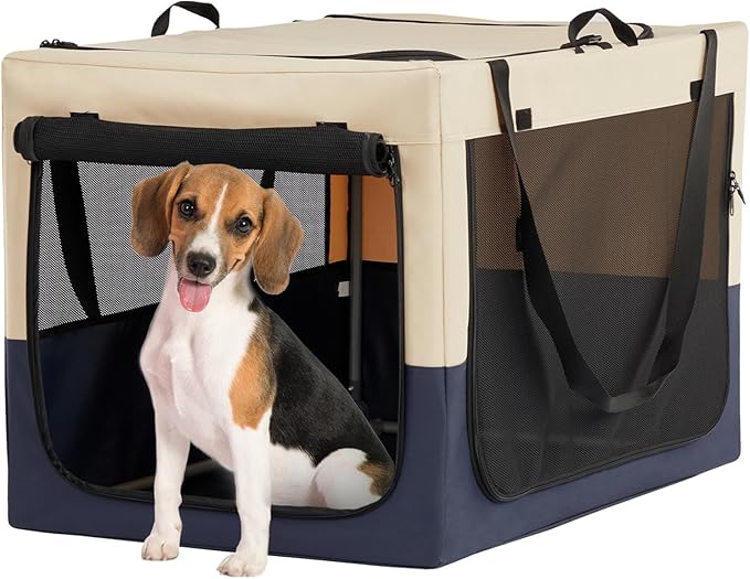 A 4 Pet Soft Dog Crate 30 Inch Small Portable Collapsible Pet Travel Kennel, 3-Door Lockable Zippers & Reinforced Steel Frame, Easy Setup, Mesh Panels — Ideal for SUV, Car, Camping & Home Use