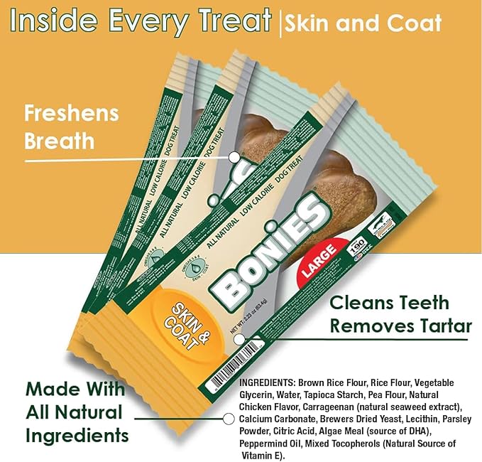 Bonies Natural Skin & Coat Formula Small-Sized Single Bone - Promote Silky Coat & Healthy Skin, Healthy Teeth & Fresh Breath, Low Calories - Chicken Flavor, Small Dog, 1 Bone