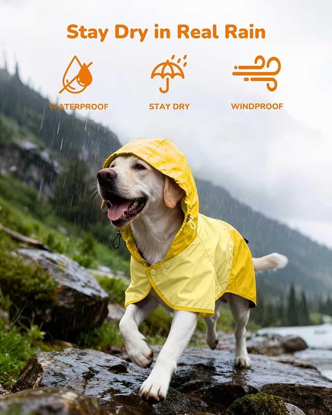 Dog Raincoat, Waterproof Dog Rain Jacket with Hood, Rain Coat for Large Dogs with Leash Hole, Raincoat Extended Dog Poncho Coverage to The Leg, Easy On/Off Rainwear Yellow, XXL