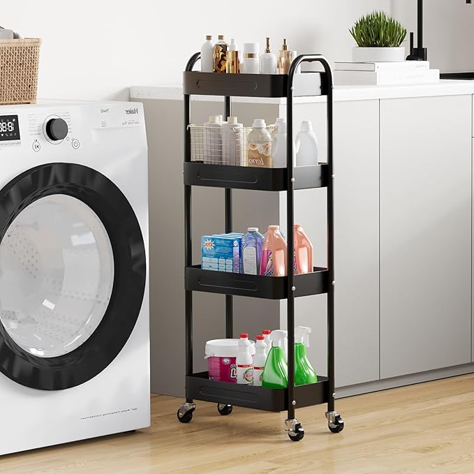 4 Tier Slim Storage Cart with Wheels for Laundry Room Between Washer and Dryer, 7.1'' Narrow Rolling Cart with Wheels and Lockable Casters, Metal Thin Standing Shelf for Small Space, Black