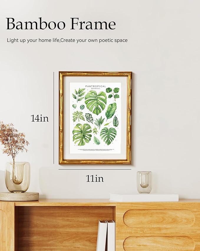 Pantropical Botanical Gold Bamboo-Textured Framed Wall Art, Nature-Inspired 11x14 Inch Tropical Greenery & Monstera Leaf Plants Canvas Print, Modern Room Home Office Decor for Bathroom Bedroom