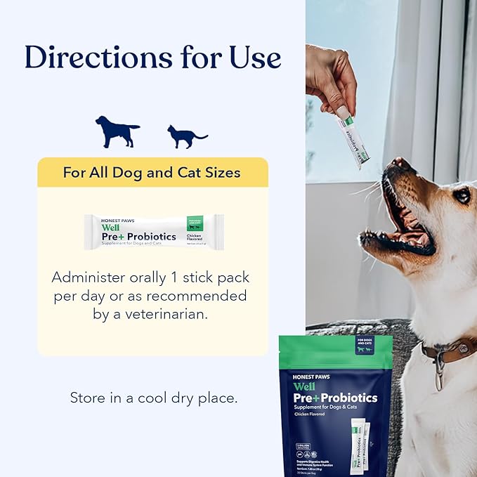 Honest Paws Probiotics for Dogs - Digestive & Immune Support Powder with Prebiotic Made in The USA, Chicken Flavor (30 Sticks)