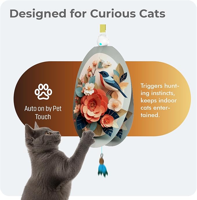 Interactive Cat Toys for Indoor Cats, Automatic Concealed Hide and Seek Hanging Feather Cat Toy, Rechargeable Motion-Activated Enrichment Toys for Bored Adult Cats (Bird & Flowers Pattern）