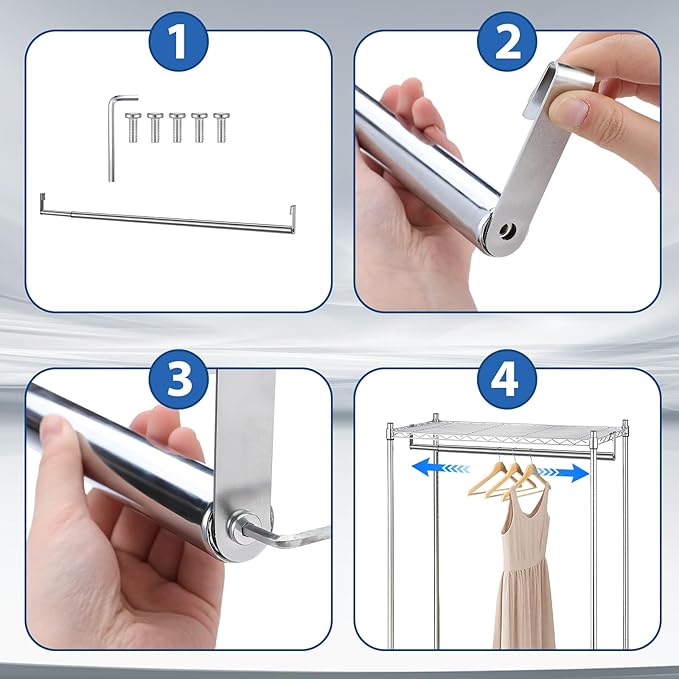 Expandable Closet Rod for Wire Shelf Hanging Clothes Adjustable Heavy Duty Closet Hanging Rod Extender Heavy Duty Hanger Bar Metal Poles for Wardrobes Hanger, 1 Pack(36-60 Inch,Silver)
