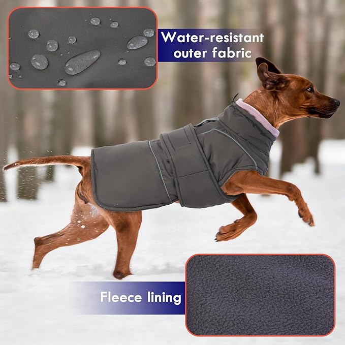 Waterproof Warm Dog Coat Winter Dog Jacket | Windproof Cold Weather Coats with Collar Drawstring, Reflective Thick Fleece Vest Suitable for Walking Dogs at Night, Grey, L