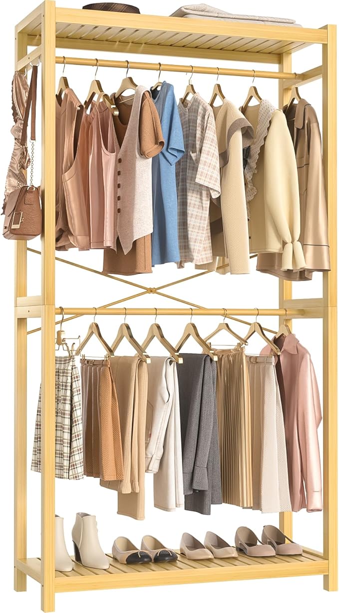 Homykic Bamboo Clothes Rack with Shelves and Double Hang Rods, Portable Closet System Garment Rack for Hanging Clothes, Tall Clothing Rack Corner Closet Organizer, Easy to Built, Natural