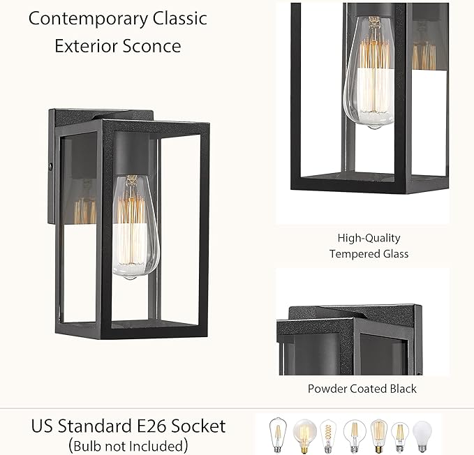 Bestshared Outdoor Wall Sconce, Exterior Wall Lighting Fixture, Outdoor Porch Mount Light, Front Door Lantern Lamp in Black Finish with Clear Glass for Porch(1 Pack)