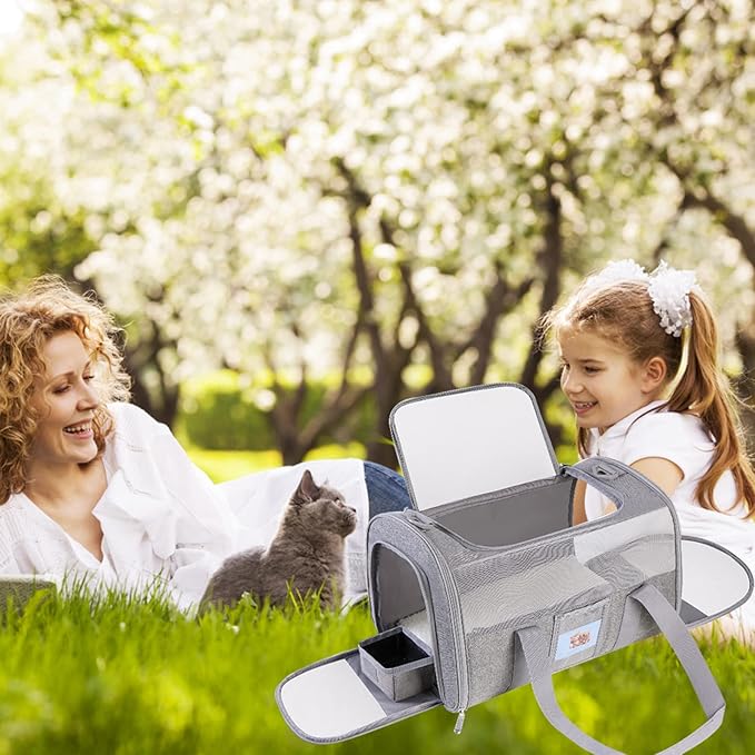 Woman and child with a pet sitting on a grassy area with a portable changing table.