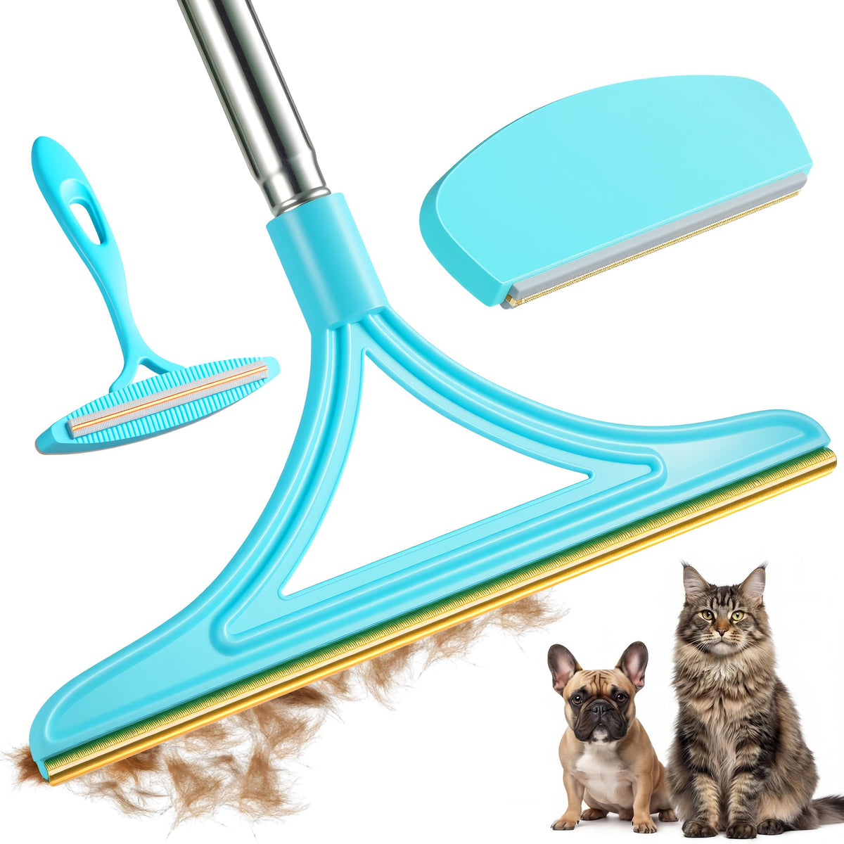 Pet Hair Removal Tool 3-Pack – Reusable Carpet Rake Set with Long Handle, Dual-Sided Scraper，Detail Tool for Carpet, Furniture and Car