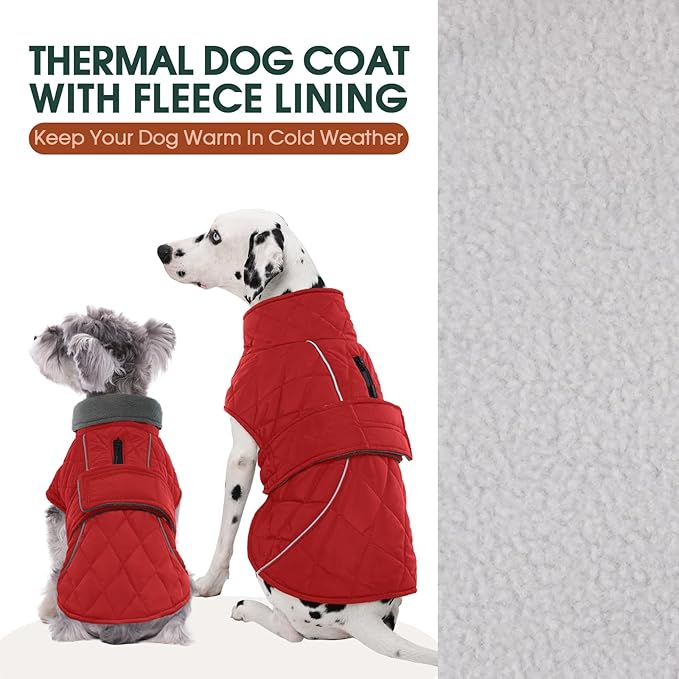Kuoser Dog Coat Thermal Fleece Lined Dog Jacket, Adjustable Hook & Loop Dogs Coats for Medium Dogs Windproof Reflective Puppy Snow Jackets Pet Cold Weather Clothes with Harness Hole, Red, M