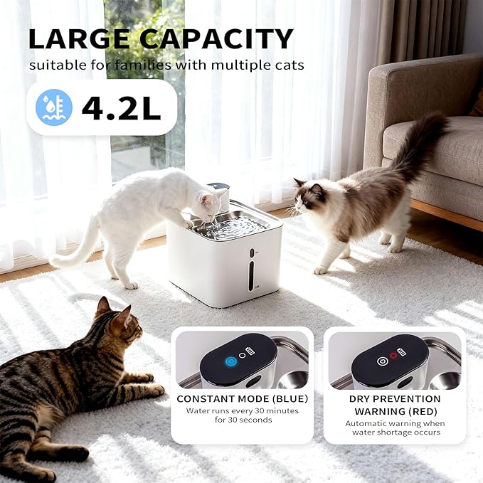 Cat Water Fountain Automatic Stainless Steel 4.2L/148oz Cordless Filter System & Interactive Design Dog Water Bowl Dispenser for Cats & Dogs Drinking Supplies for Pet Gifts