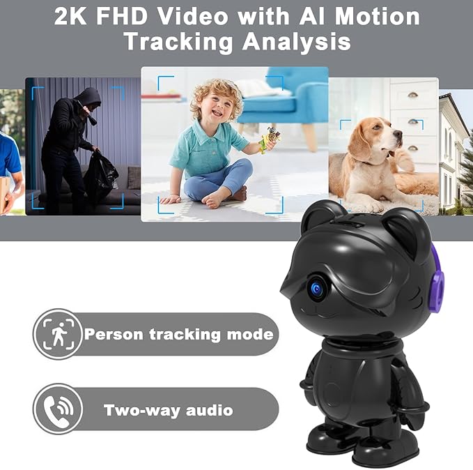 Cute Bear 2K Home Security Camera – Motion Monitor, Baby Cry Detection,Privacy Mode,5G Dual-Band,Pan & Tilt,Night Vision,24/7 Recording,2-Way Audio,Compatible with Alexa & Google Assistant