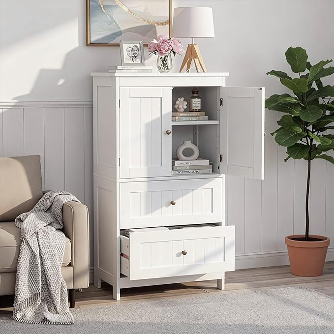 Karl home White Floor Storage Cabinet, Freestanding Storage Unit with 2 Drawers & 2 Doors, Thin Toilet Organizer for Small Spaces，for Entryway, Bathroom