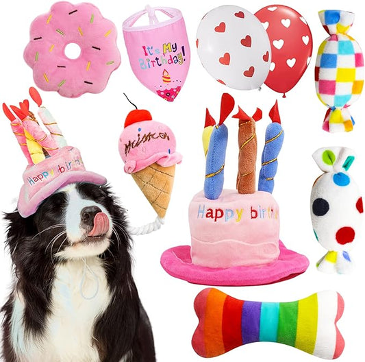 Dog Birthday Toys Girl, Squeaky Plush Birthday Cake Hat Bandana, Birthday Gifts for Small & Medium Dog, 9 Pack Pink