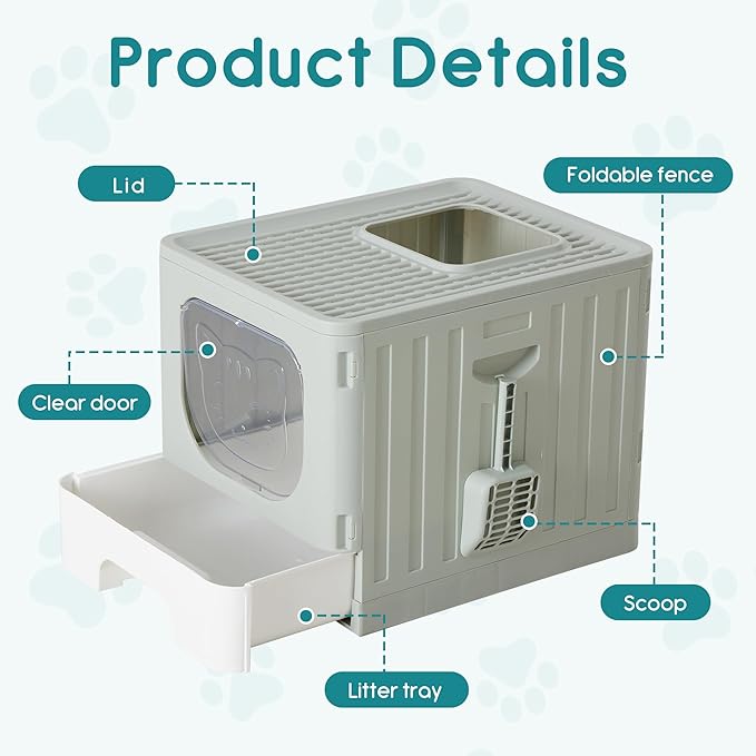 Cat Litter Box with Scoop, Large Foldable Litter Box with Lid & Drawer Tray, Front Visible Entry Top Exit Kitty Box, Odor Control, Easy to Clean