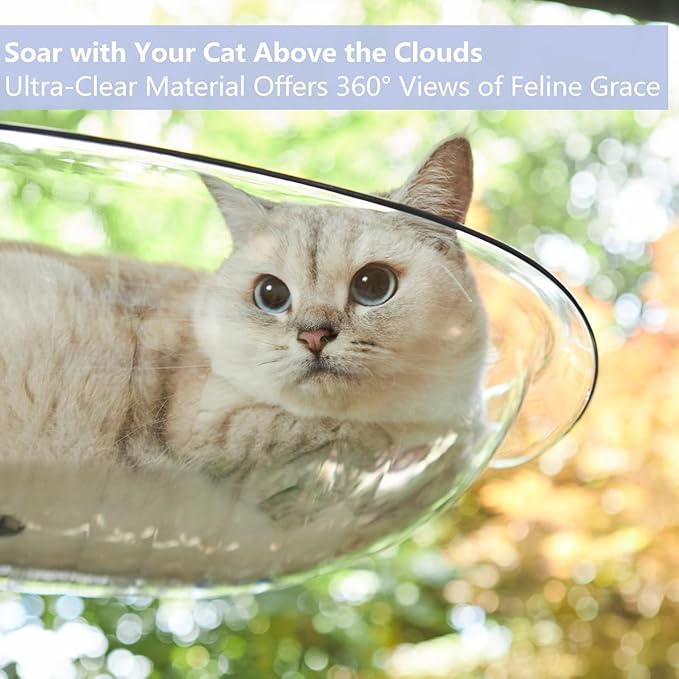 Transparent Cordless Cat Window Perch with Super Strong Suction Cups - Heavy-Duty Cloud Bed for Large & Heavy Cats, Spacious Indoor Hammock -Clear