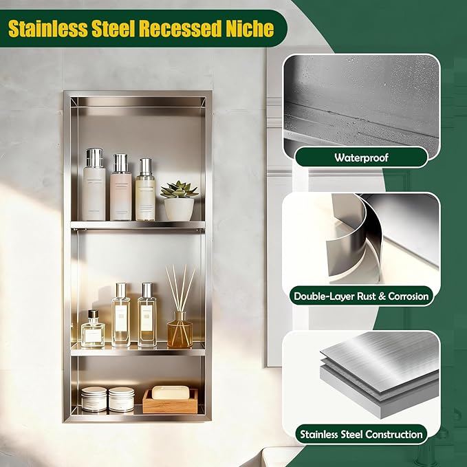EasyVibe 3-Tier 304 Stainless Steel Shower Niche 30 x 12 Inch, No Tile Needed Large Recessed Wall Insert with Three Shelves, Brushed Metal Waterproof Storage for Bathroom & Wet Room, Sliver