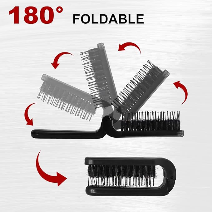 2 Pack Foldable Hair Brush Travel Hairbrush, Boar Bristle Hair Brush Portable Collapsible Pocket Comb for Women and Men, Suitable for Travel, Purse, Anti-Static Design (Black & Light Pink)