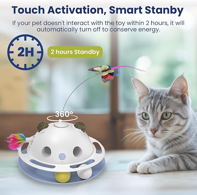 PAWSPIK Feather Frenzy 4-in-1 Interactive Cat Toy – Butterfly, Feather, Catnip Ball & Track Ball Play – Motion Activated, USB or Battery Powered – White