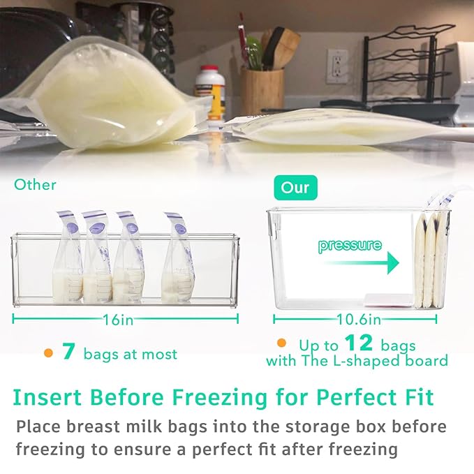 Breastmilk Storage Container with L Shaped Separator Boards, Dividers Will Flatten Standing Breast Milk Bags in Organizer Bins Save Refrigerator Space | 2 Containers-Green