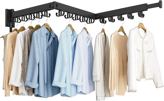 Clothes Drying Rack, Wall Mounted Laundry Drying Rack, Upgrade 3-Fold Foldable Collapsible Retractable Clothing Drying Rack with 12 Dual Hooks Organization for Laundry Room Indoor- Black