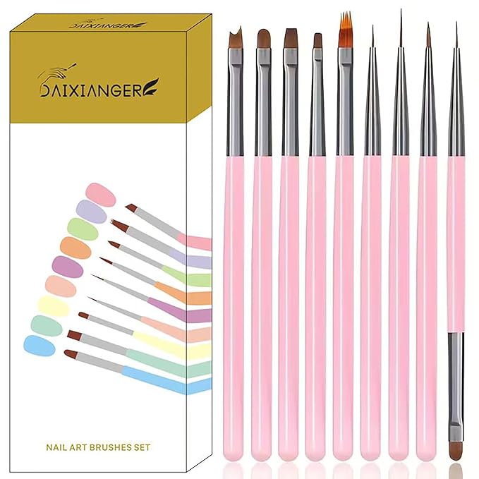 9Pcs Multi-Functional Nail Art Brush Set, Professional Brushes for Gel Polish, French Tip, Ombre, Liner & Clean Up, Manicure Tools for DIY & Salon Nail Design Tools-Pink
