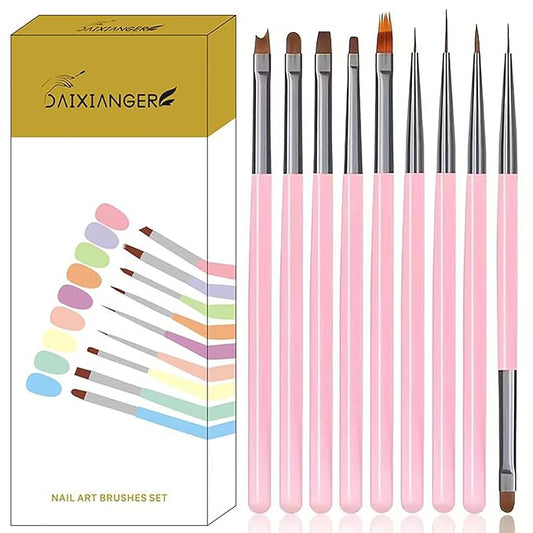 9Pcs Multi-Functional Nail Art Brush Set, Professional Brushes for Gel Polish, French Tip, Ombre, Liner & Clean Up, Manicure Tools for DIY & Salon Nail Design Tools-Pink